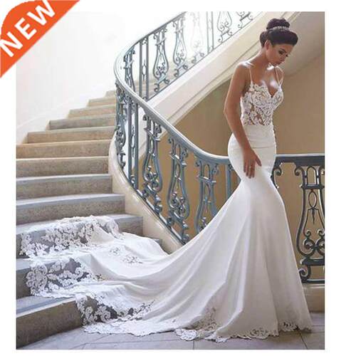 Elegant Lace Appliques Mermaid Wedding Dresses V Neck Spaghe