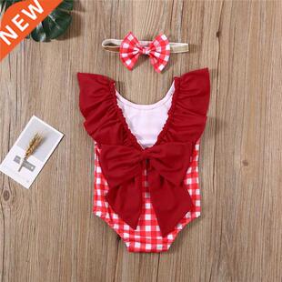 Summer Toddler Baby Girl Swimwear Red Plaid Swimsuit One Pie