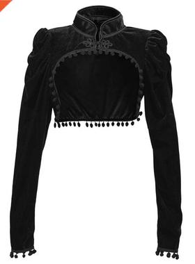 Black Velvet Short Steampunk Crop Jacket Stand Long Sleeve A