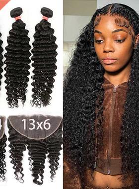 28 30 Inch Deep Wave Human Hair Bundles with 13x6 Frontal Br