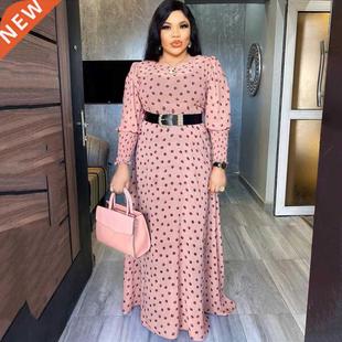 MD African Print Polka Dot Maxi Dresses Women Long Sleeve Ch