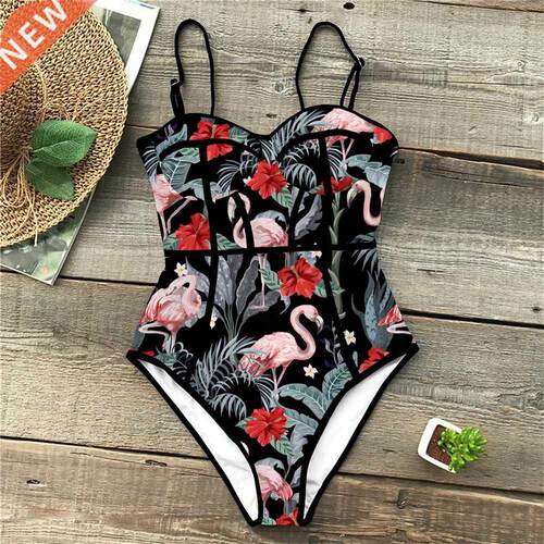 Summer Style One Piece Swimsuit For Women Palm Print Swimwea