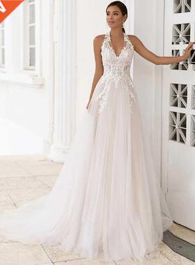 Beach Sleeveless Wedding Dresses Bohemian Lace Halter Appliq