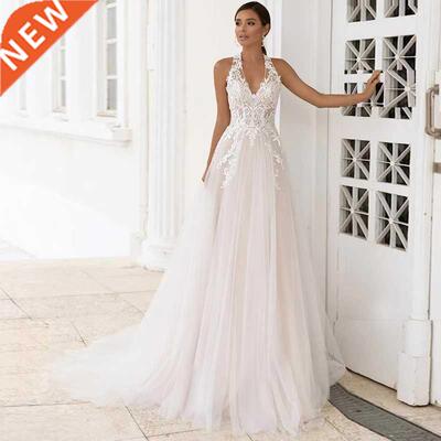 Beach Sleeveless Wedding Dresses Bohemian Lace Halter Appliq