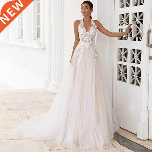 Beach Sleeveless Wedding Dresses Bohemian Lace Halter Appliq