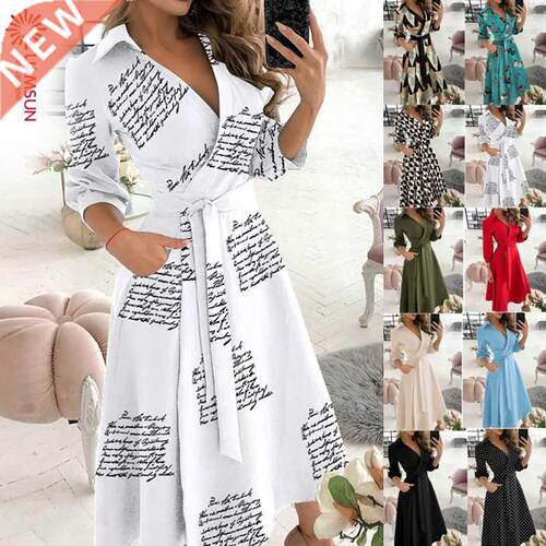 Women Dresses Long Sleeve Print Dress 欧美连衣裙长袖印花长裙