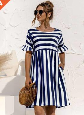 Women Summer Dress Cute Loose Striped Print Ruffles Sleeves