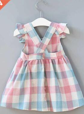 2022 New Summer Girls' Dress Korean Strap Plaid Casual Sleev