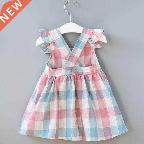 2022 New Summer Girls' Dress Korean Strap Plaid Casual Sleev