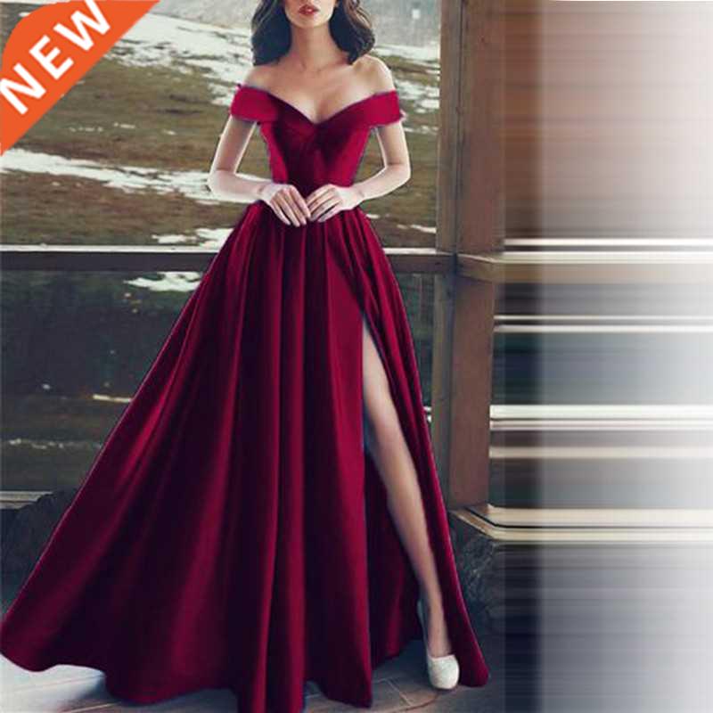 New Evening Dresses Satin Boat Neck Long Party Side Split Ro图片