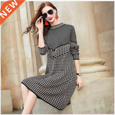 Women Black Bird Lattice Midi Dress Autumn Winter Thick Warm
