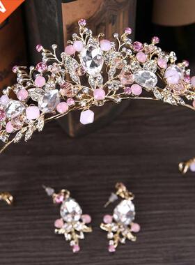 Luxury Pink Gold Pearl Bridal Crowns Handmade Tiara Bride He