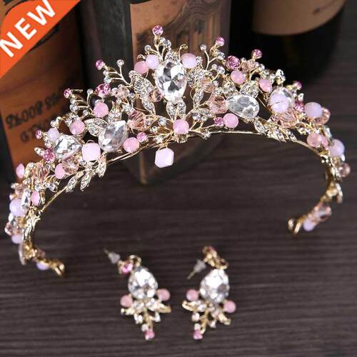 Luxury Pink Gold Pearl Bridal Crowns Handmade Tiara Bride He