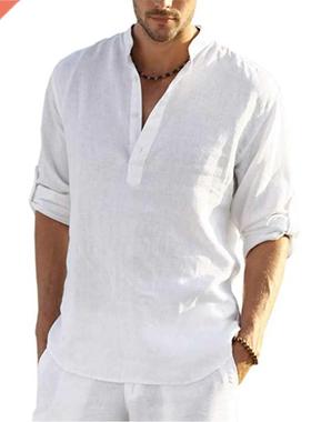 KB New Men's Casual Blouse Cotton Linen Shirt Loose Tops Lon