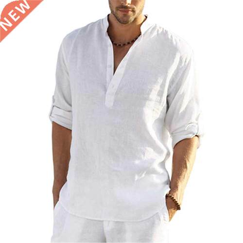 KB New Men's Casual Blouse Cotton Linen Shirt Loose Tops Lon
