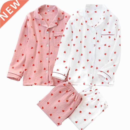 Spring New Ladies Pajamas Set Heart Printed Crepe Cotton Dou