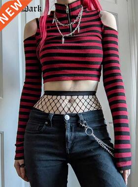 Goth Dark Grunge Striped Mall Gothic Basic T-shirts Punk E-g