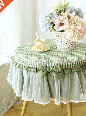 Cotton Blue Green Plaid Small Round Table Cloth Pastoral