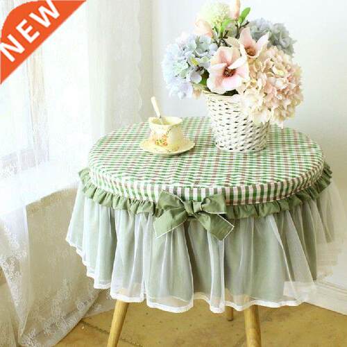 Cotton Blue Green Plaid Small Round Table Cloth Pastoral