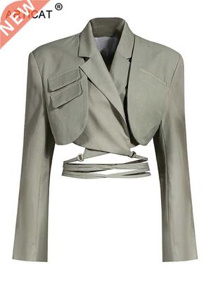 Articat Gray Double Layer Bandage Slim Blazer Women Long Sle