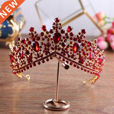 Luxury Gold Red Rhinestone Bridal Tiaras Crown Vintage Baroq