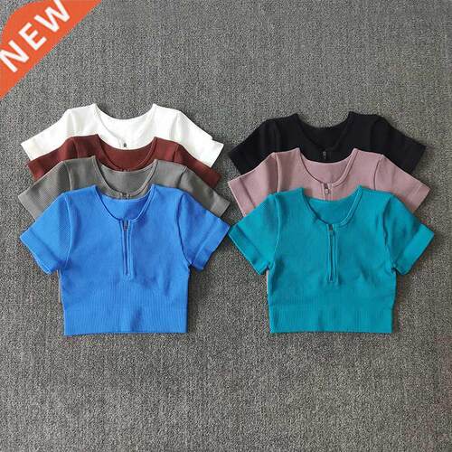 Semless Yog Shirts Zipper Short Sleeve Workout Tops Women