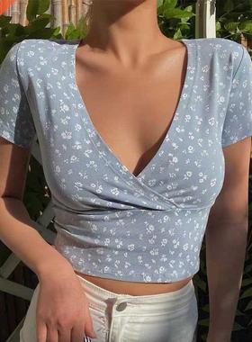 Y2K Vintage Floral Cross Crop Top T-shirt Women Cropped Slim