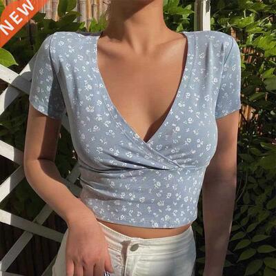 Y2K Vintage Floral Cross Crop Top T-shirt Women Cropped Slim