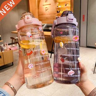 2L Sports Straw Water Bottle with Stickers Portable Large Ca