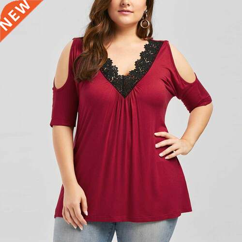 2019 Plus Size Women Lace Trim V Neck Loose Cold oulder Bl