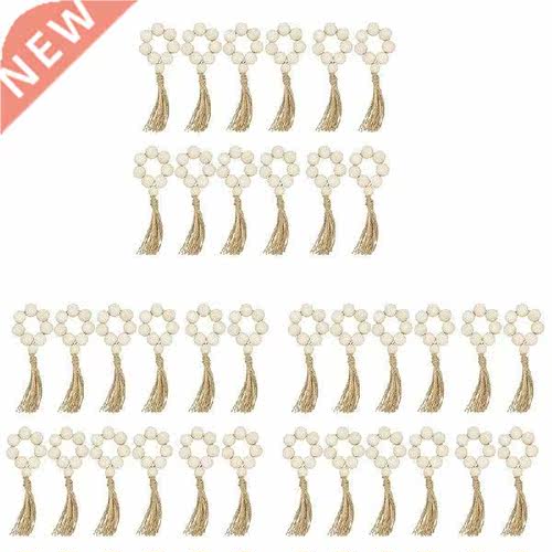 Quality 6Pcs Wood Bead Napkin Rings With Tassels Rustic