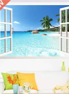 Large Removable Beach Sea 3D Window View Scenery Wall