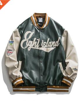 2021 PU Leather Baseball Jacket women nd Patchwork Letter Em