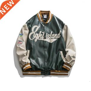 2021 PU Leather Baseball Jacket women nd Patchwork Letter Em