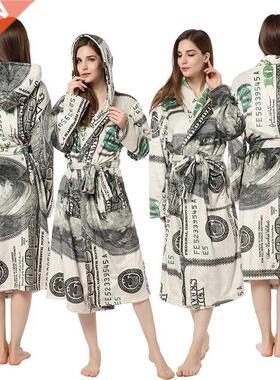 New dollar printed nightgown men women flannel bathrobe 浴袍
