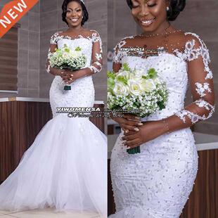 Arabic Aso Ebi Mermaid Wedding Dress Full Sleeves O Neck Rob