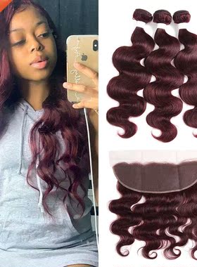 99J/Burgundy Body Wave Human Hair Bundles With Frontal 13x4
