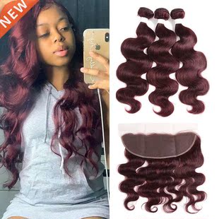 99J/Burgundy Body Wave Human Hair Bundles With Frontal 13x4