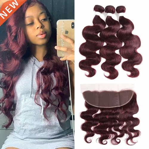 99J/Burgundy Body Wave Human Hair Bundles With Frontal 13x4