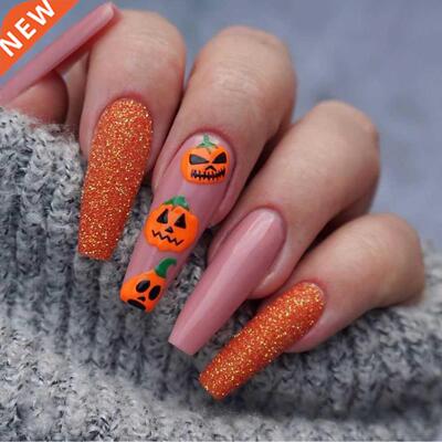 24Pcs/Box Halloween Style False Nails Punk Pumpkin Heads Pat