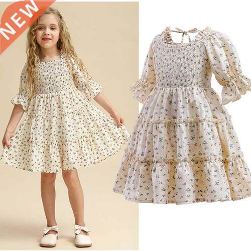 2022 New Floral Summer Dress For Girls Flower Puff Sleeve Fr
