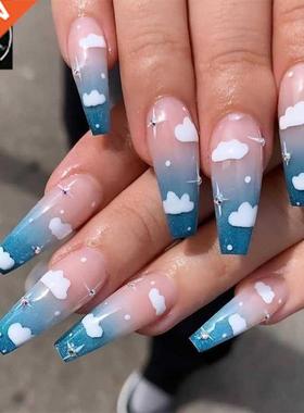 24Pcs Detachable Long Coffin False Nails Press on Nails Blue