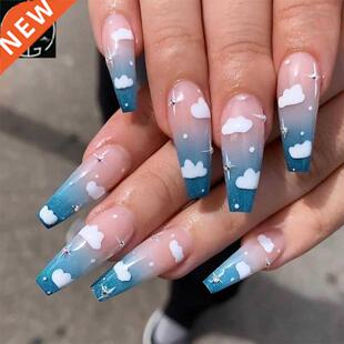 24Pcs Detachable Long Coffin False Nails Press on Nails Blue