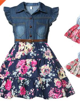 Girls Denim Floral Dress Summer Party Dress with Belt Childr