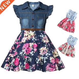 Girls Denim Floral Dress Summer Party Dress with Belt Childr