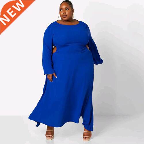 5XL  size ladies hollow out fall blue fat MM dress大码