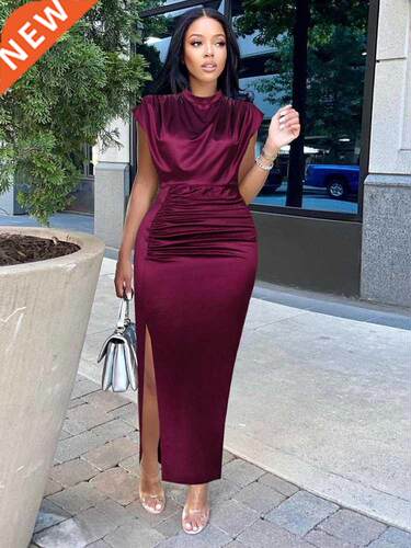 Women Dress Pleated Long  Red Elegant Slit High Collar S