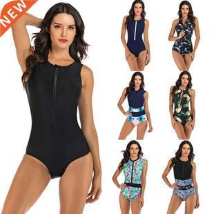 Sleeveless Rash Guard Women Zipper One Piece Swimsuit Plus S