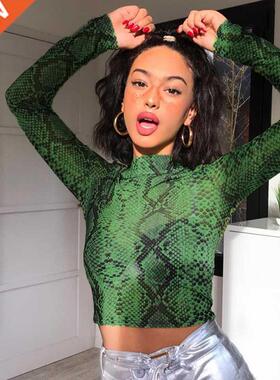 Casual Green Snake Prnt T Shrt Women Mesh Top Long Sleeve