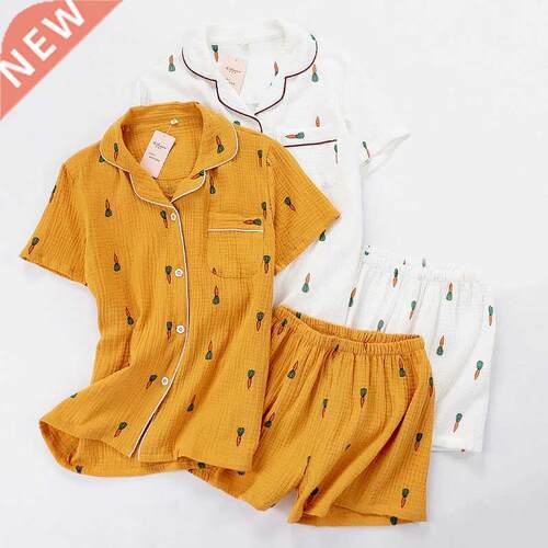 Women Pajamas Set Summer Comfort Gauze Cotton Turn-down Coll